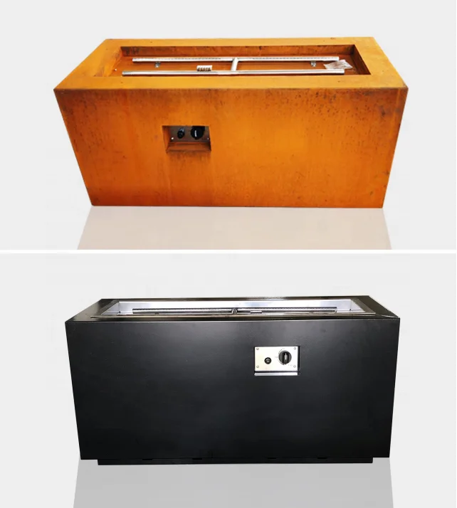 Large square Corten steel metal outdoor gas fire pit