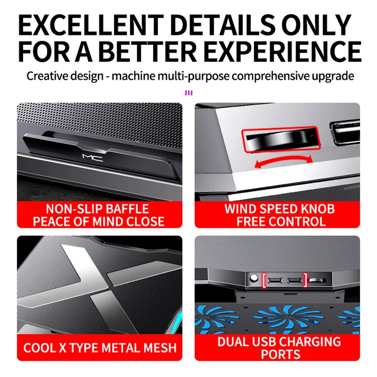 MC 6 fans cooler height adjustable foldable black notebook rgb cooler stand cooling pad laptop fan for 12-16 inch