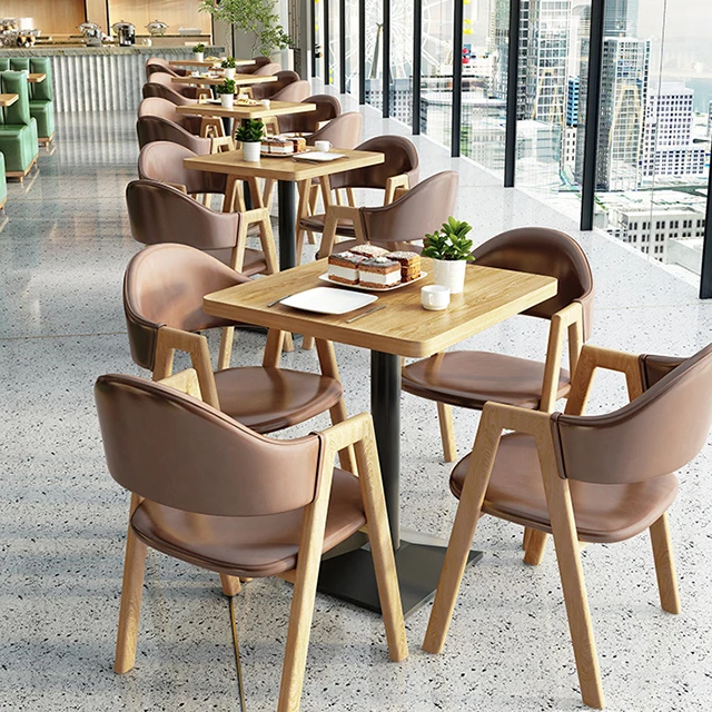 High quality fast food restaurant leather modern solid wooden dinner table with chairs