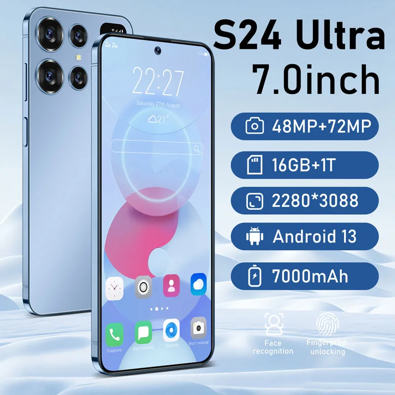 Смартфон S24 Ultra 7 Hd 5g Celulares 16gb + 1tb Dual Sim 7000mah 48mp 72mp разблокированный мобильный телефон оригинальный Android сотовый