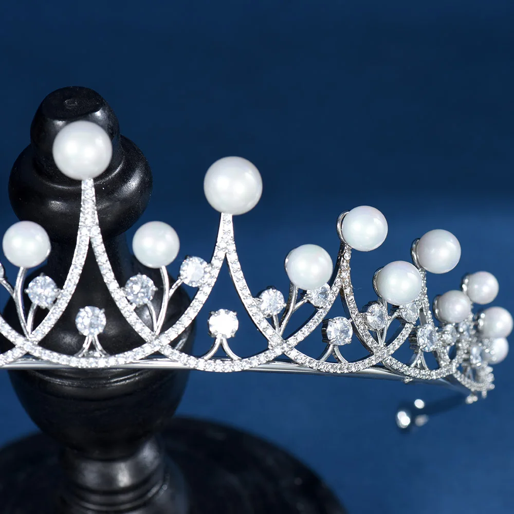 HIBRIDE Pearl Round Women Wedding Bridal Hair Accessories Fashion Party Gifts Cubic Zirconia Tiara and Crown Corona Prince C-99