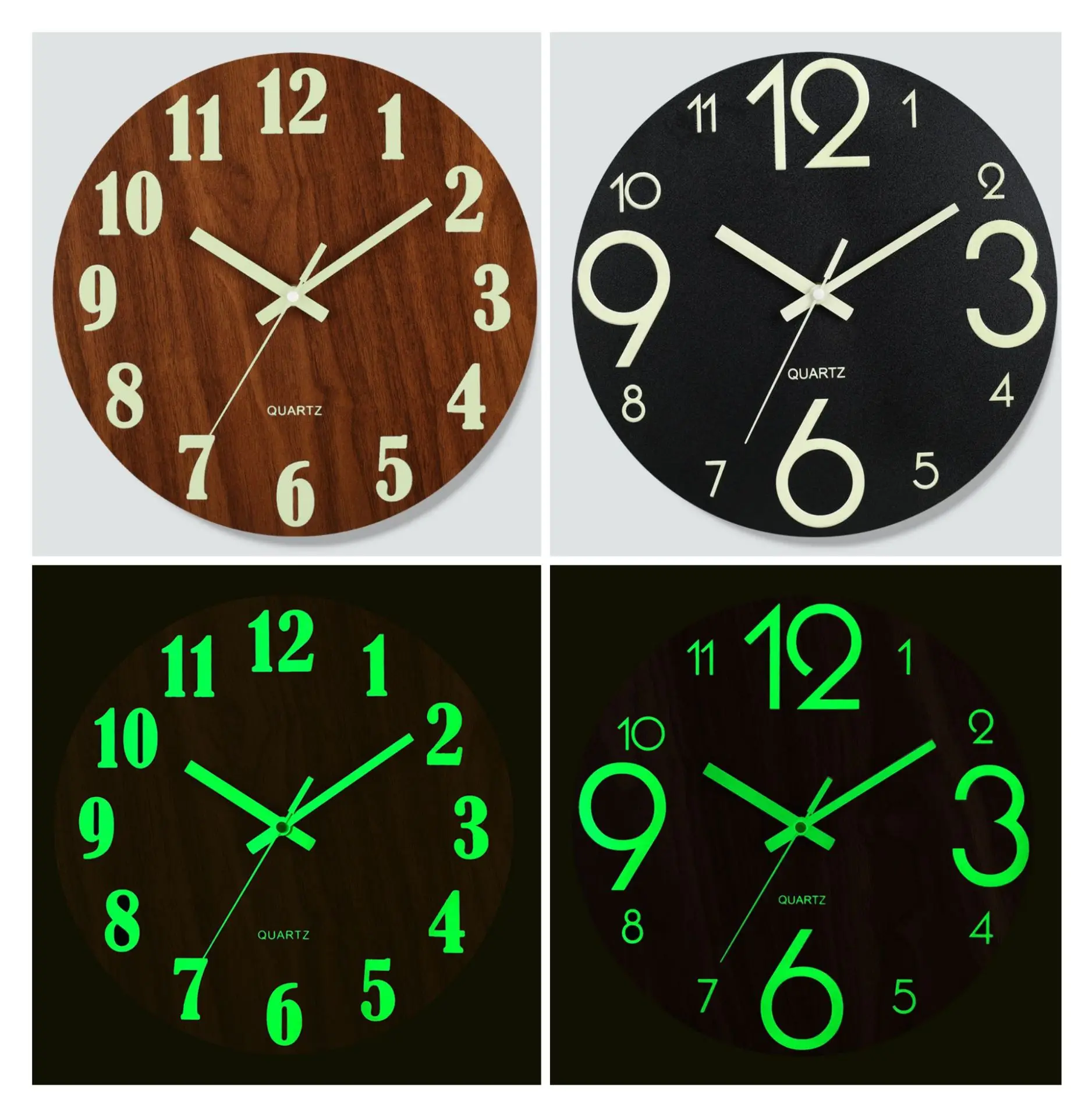 1pc 12 inch wooden luminous wall clock mute clock MDF wood grain creative luminous fluorescent clock