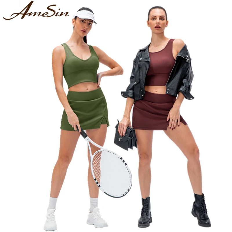 Sexy Fashion 4 WAY STRETCH Ribbed Yoga Set Nylon Crop Top And Built-in underwear Skirt Set With Pockets