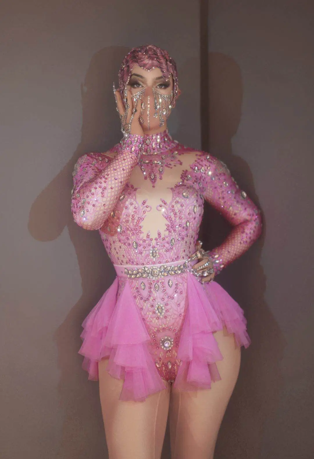 Pink Sparkly Club Crystal Printed Leotard Elastic Tights Mesh Ruffles Rhinestones Bodysuit Stage Costume Party Dance Outfits