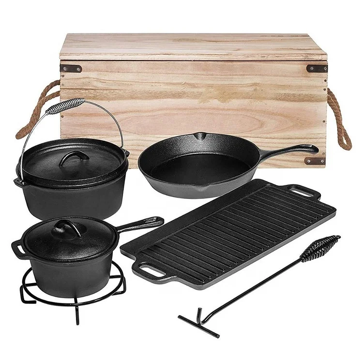 7 piece cook box set premium cast iron cookware sets with large skillet sauce pot and vintage carrying storage box