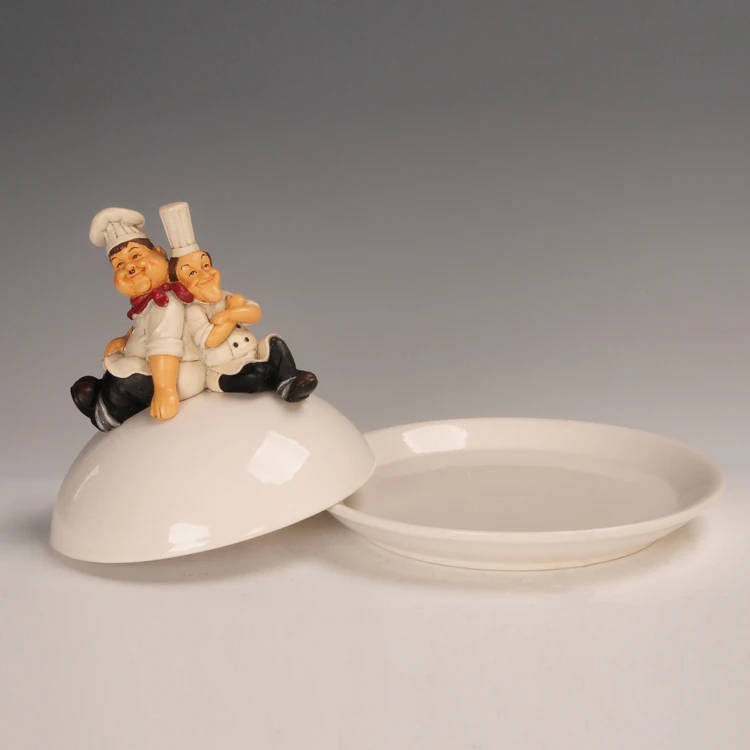 
Resin polyresin chefs sitting on porcelain butter dish tableware dinnerware home decoration figurine gift 