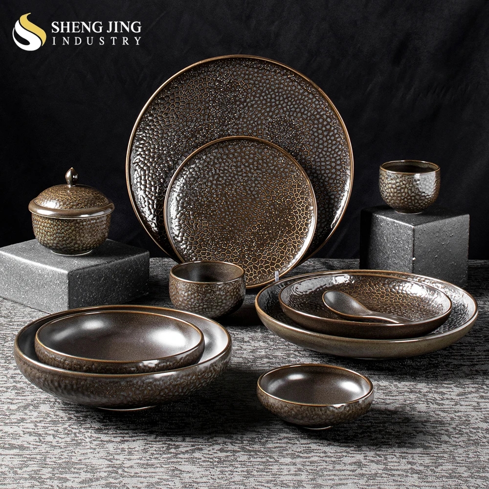 Wholesale Japandi Dark Brown Ceramic Dinnerware Set Rustic Speckle Porcelain Restaurant Tableware Catering Dishes & Plates