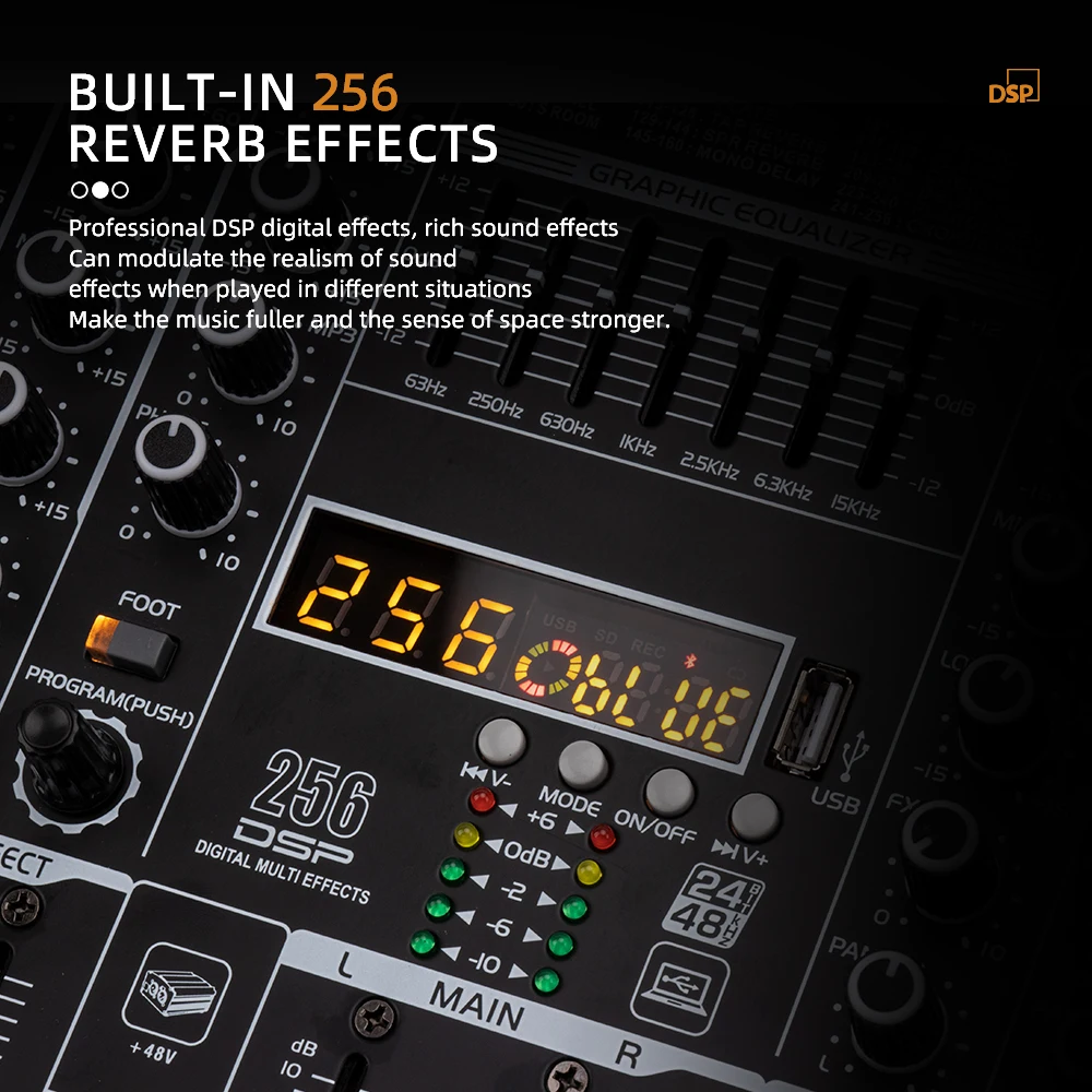 6 channel digital mixer with built-in 256 DSP USB Bluetooth reverb + 48V power live performance mixer