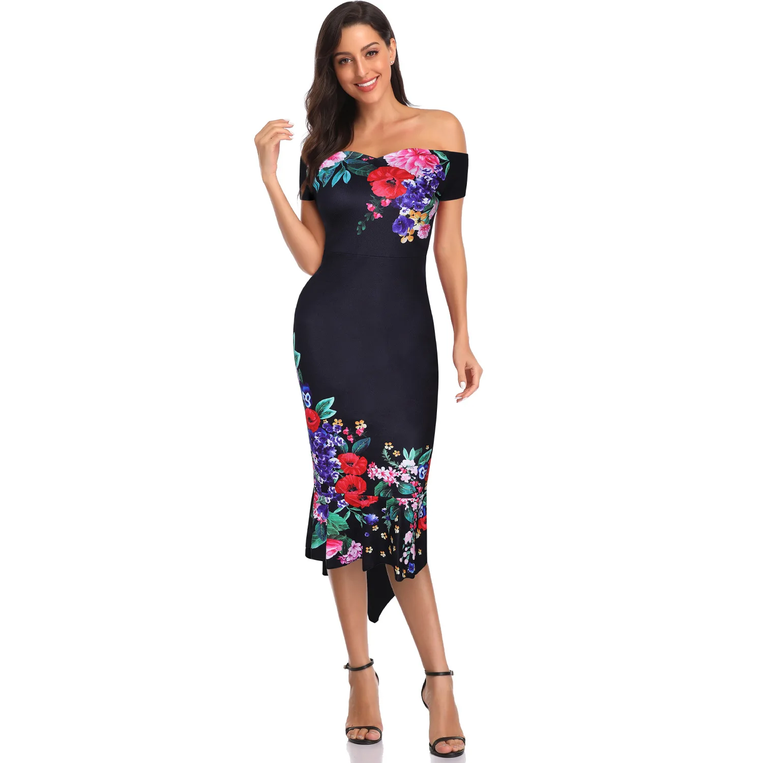 Elegant Sexy Off Shoulder Floral Print Evening Party Dress Women Summer Plus Szie Slim Ruffles Office Bodycon Mermaid Dresses