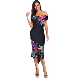 Elegant Sexy Off Shoulder Floral Print Evening Party Dress Women Summer Plus Szie Slim Ruffles Office Bodycon Mermaid Dresses