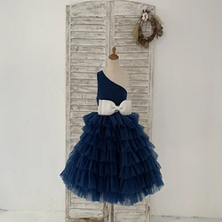One Shoulder Cupcake Tulle Wedding Flower Girl Dress Kids Birthday Party Dress