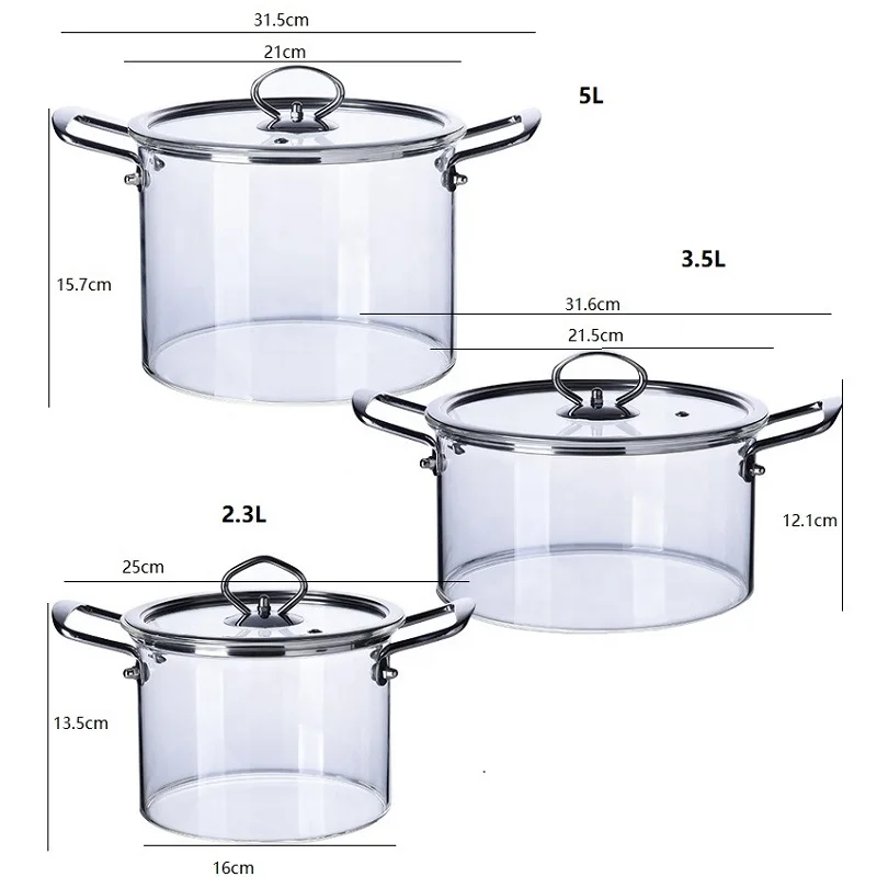 new design borosilicate clear glass cooking pot cookware set Stainless steel handle