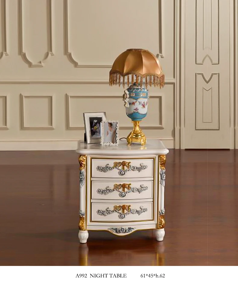 JS Luxury King Size Bedroom Set European Style Latest Antique Fashion Grey and Gold Bedroom Set