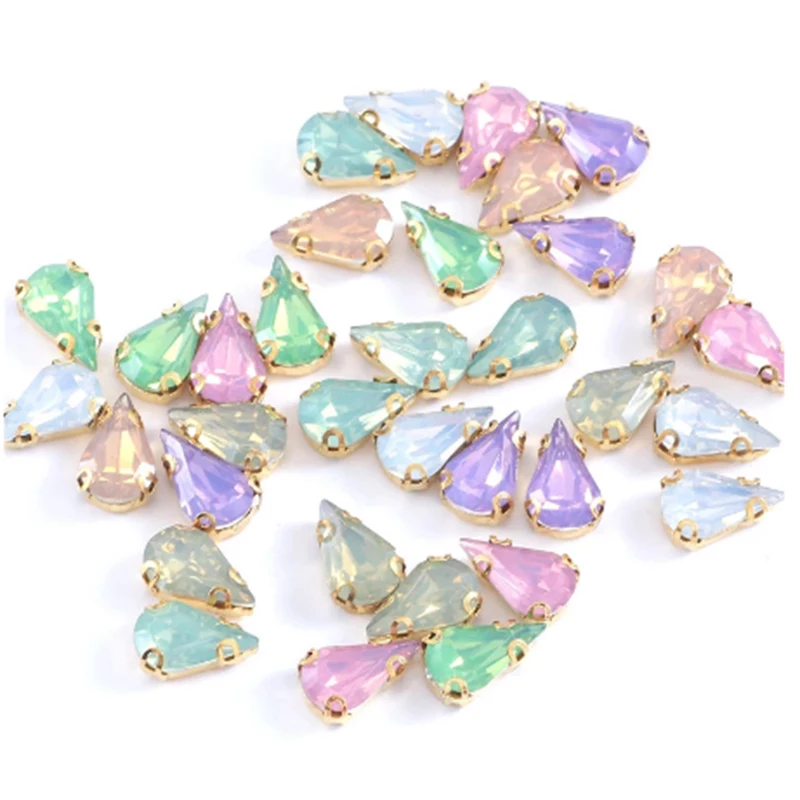 Teardrop Opal Crystal Green Resin Sew On Rhinestones With Gold Claw Sewing Stones for Clothing Shoes