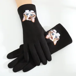 Customized Logo Gloves Winter Fleece Women Touchscreen Gloves Embroidery Cat Gloves