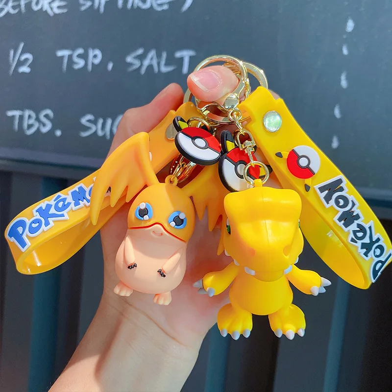 Cartoon Cute Digimon Patamon Agumon Palmon 3D Design Keychains With Poke Pika Strap Rubber PVC Keyring Decoration Car Key Bags