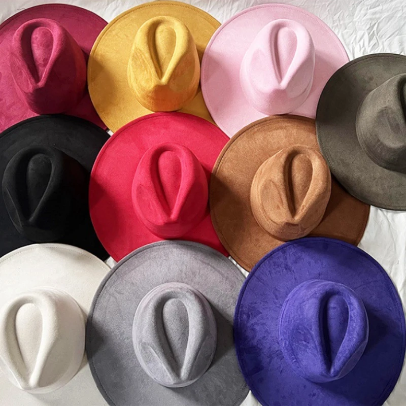 New Arrival  flat brim hat Wholesale Wide Brim Tan Black Suede Fedora Hats for Women Men Autumn Winter Halloween Party