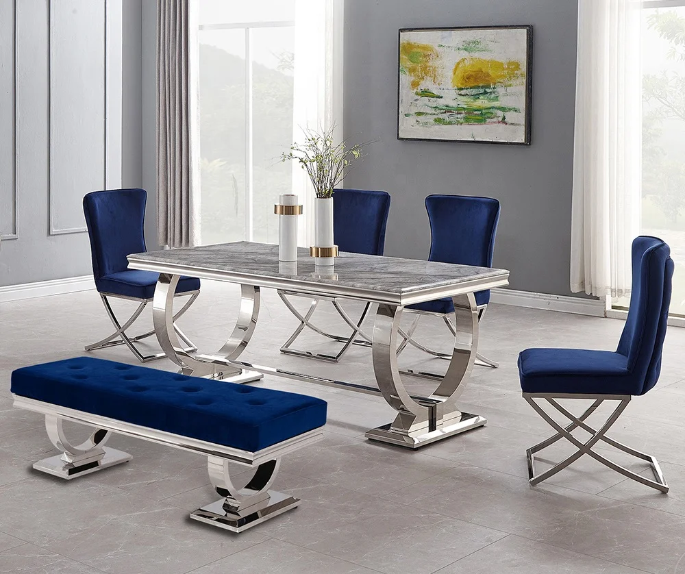 
 Обеденный стол из искусственного мрамора с ворсовой спинкой и зеркальной обивкой на ножках, современные обеденные наборы  