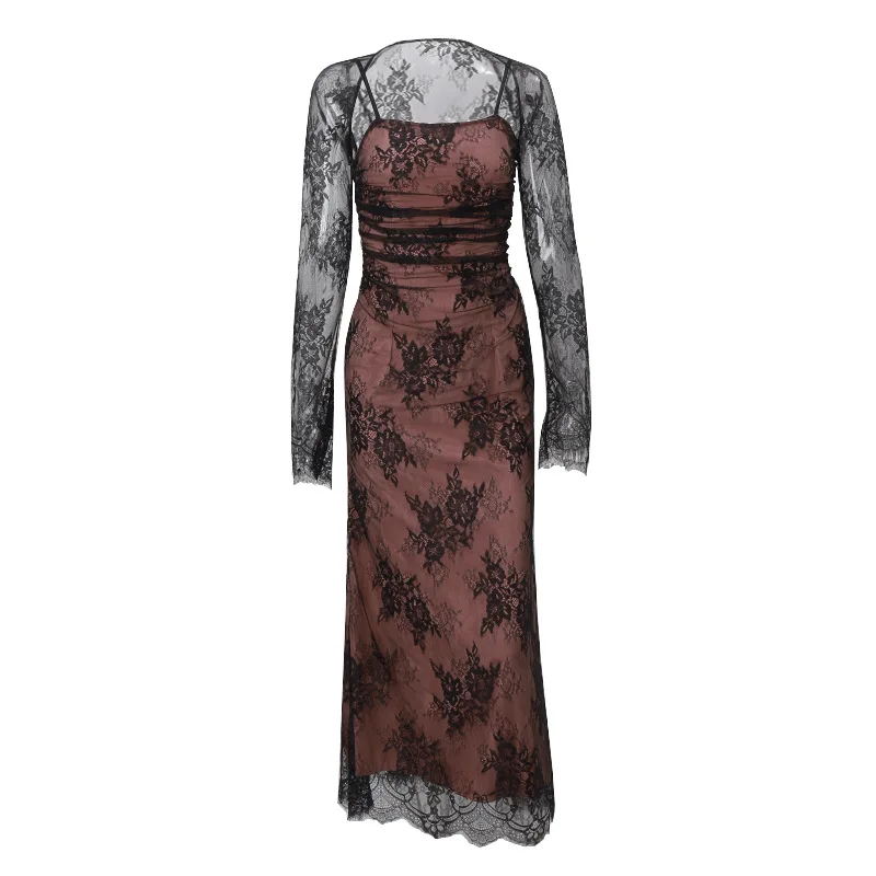 Long Sleeve Wraps and Slip Womens Summer Dresses 2 Pcs Summer Dress Double Layer Lace Up Full Length Elegant Women Lace Dresses