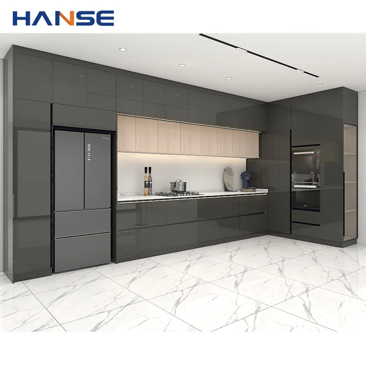 Custom kitchen cabinet furniture design modern style rta high gloss folding wood kitchen cabinet set with soft closing drawers
