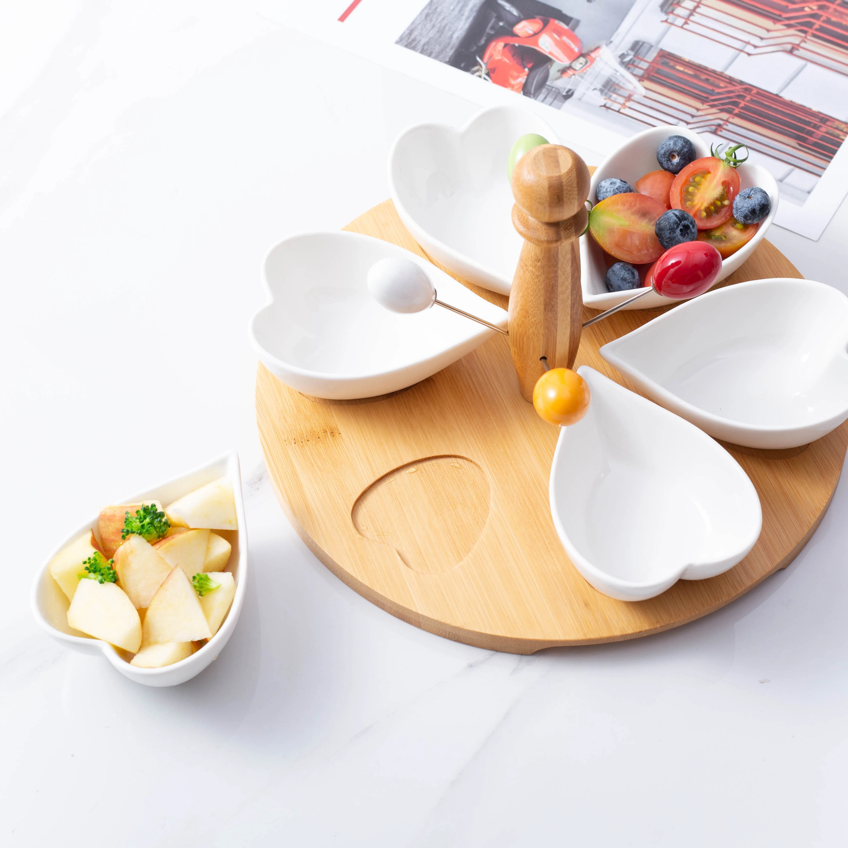 Separated dry fruit compartment tray water droplets shape white ceramic snack tray