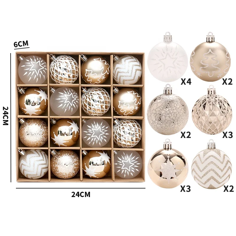 Wholesale 6cm champagne Gold hand painted Assorted Design PS Material Christmas Ball Hanging Ornaments Decorations Set