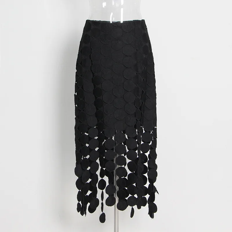 French Hollowed Out A-Line Skirt Summer New Fashion High Waist Fringe Irregular Skirt Female