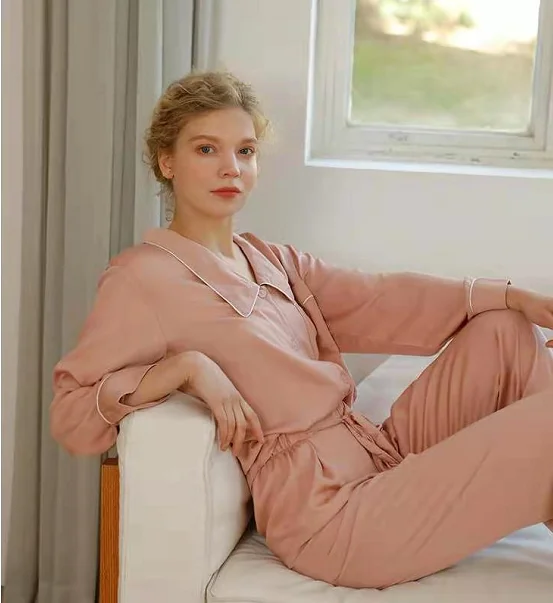 2024 женская пижама на весну, простой костюм из вискозы с маленьким заостренным воротником, женские брюки с длинным рукавом, Пижамный костюм