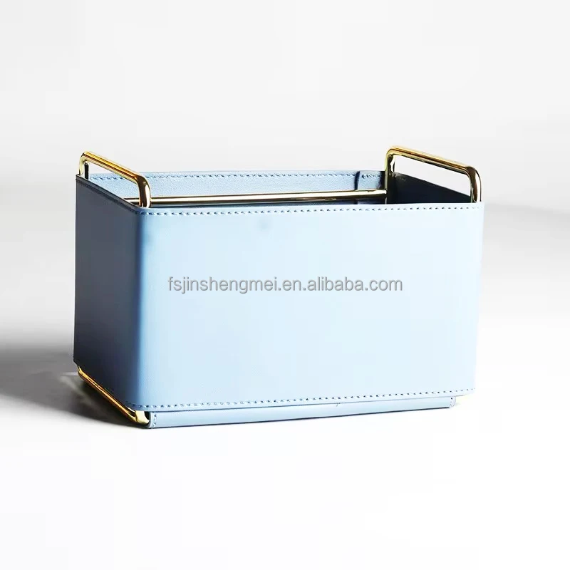 Luxury Leather Storage Basket PU Leather Rectangular Gold-banded Storage Basket Exquisite Home Desktop Key Sundries Organizer