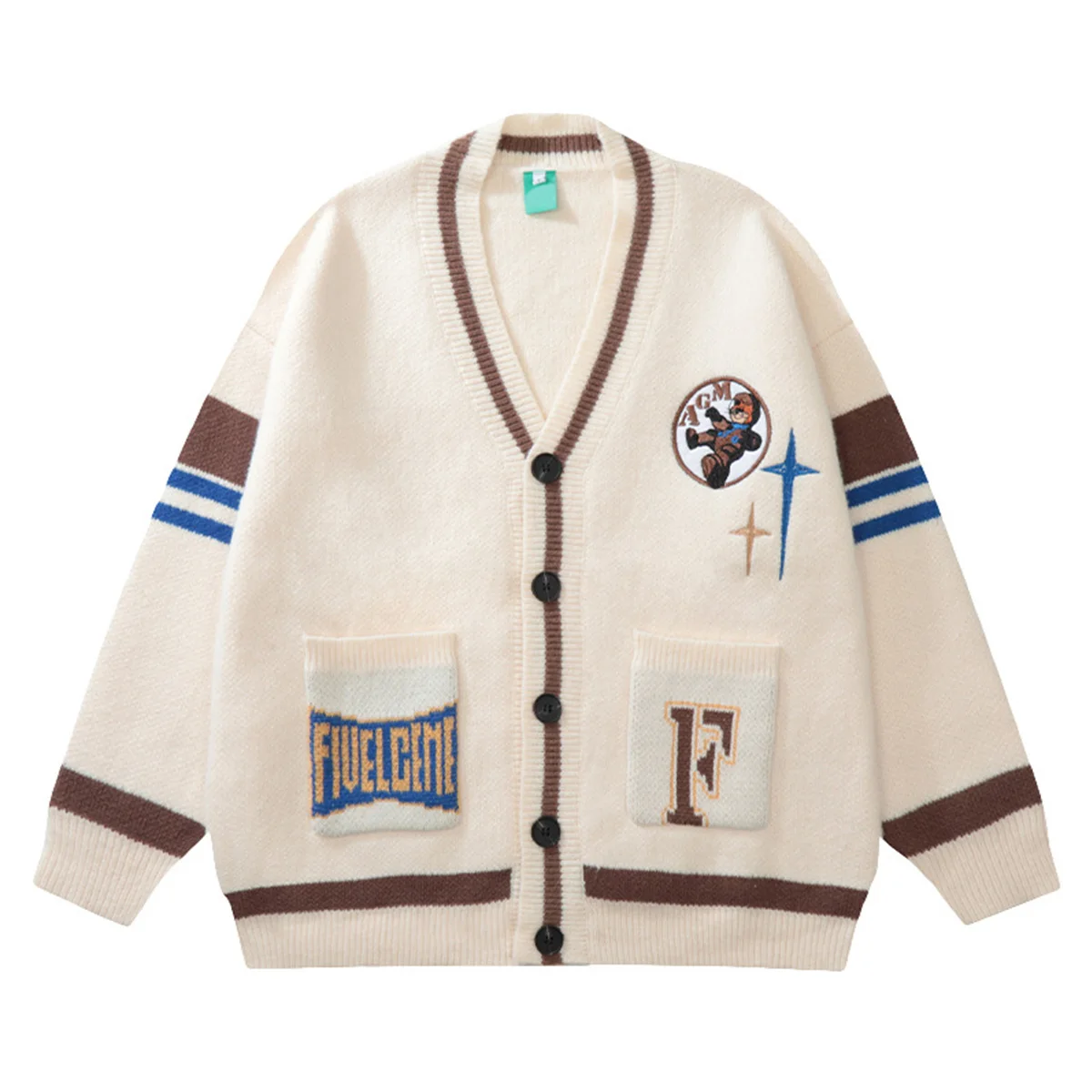 V-neck Loose Cardigan Knitting Pattern Uniform Outfit Coat Mens Unisex Custom Knitted Letterman Sweater Ribbed Knitwear For Men