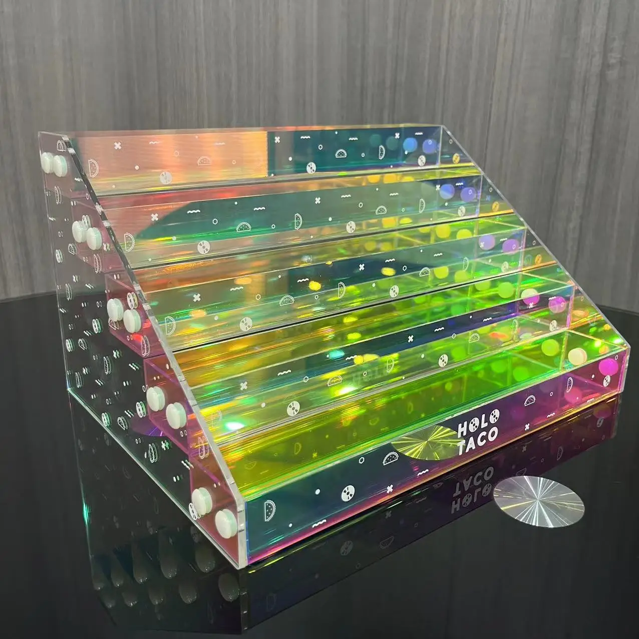 Iridescent Acrylic New Design 4 Tiers  Display Rack Factory Customize  Diy Assembled Style Beauty Acrylic Display Standee