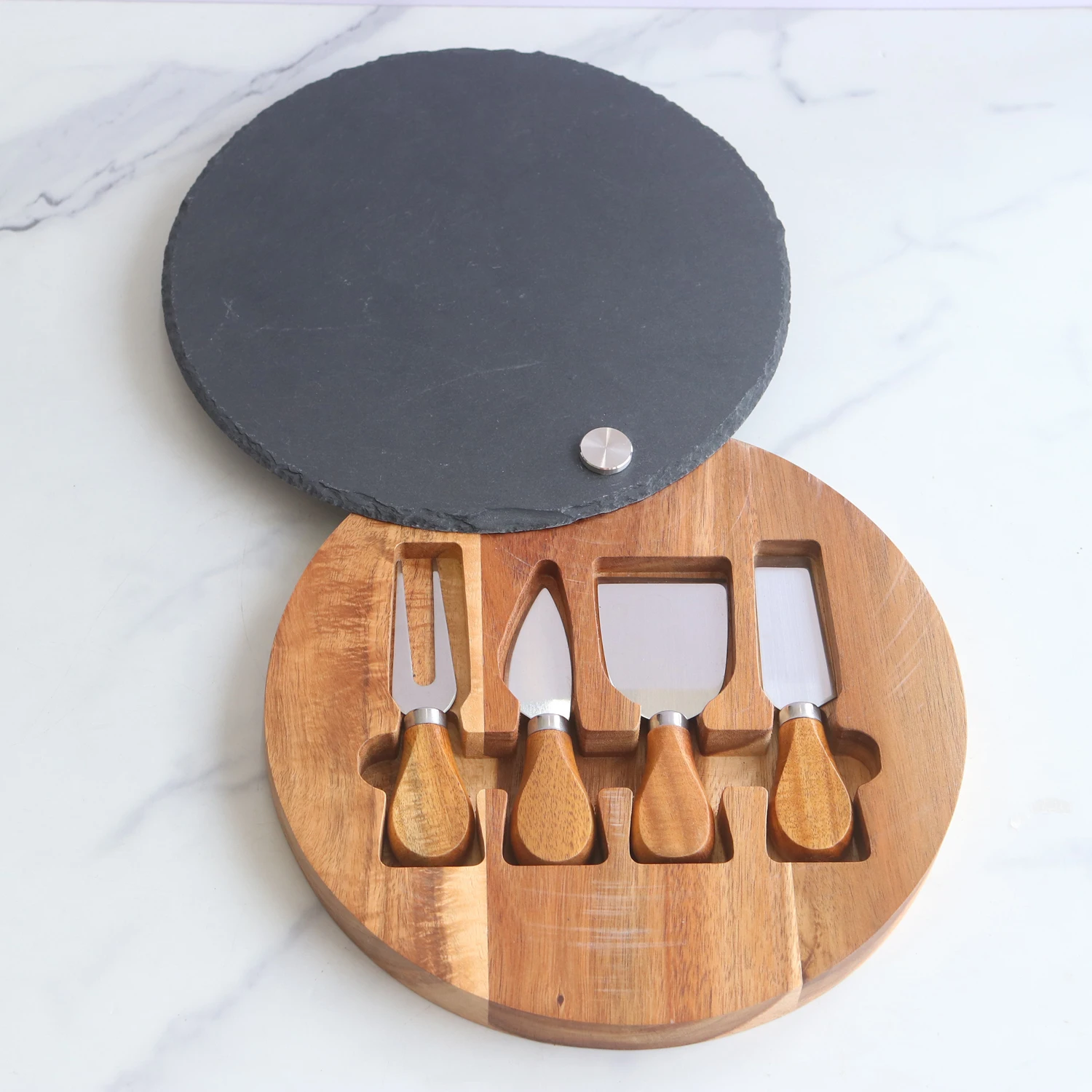 House Round Cheese Board removable circular chipping serving Slate Acacia Wood set of 4 cheese knives and fork server