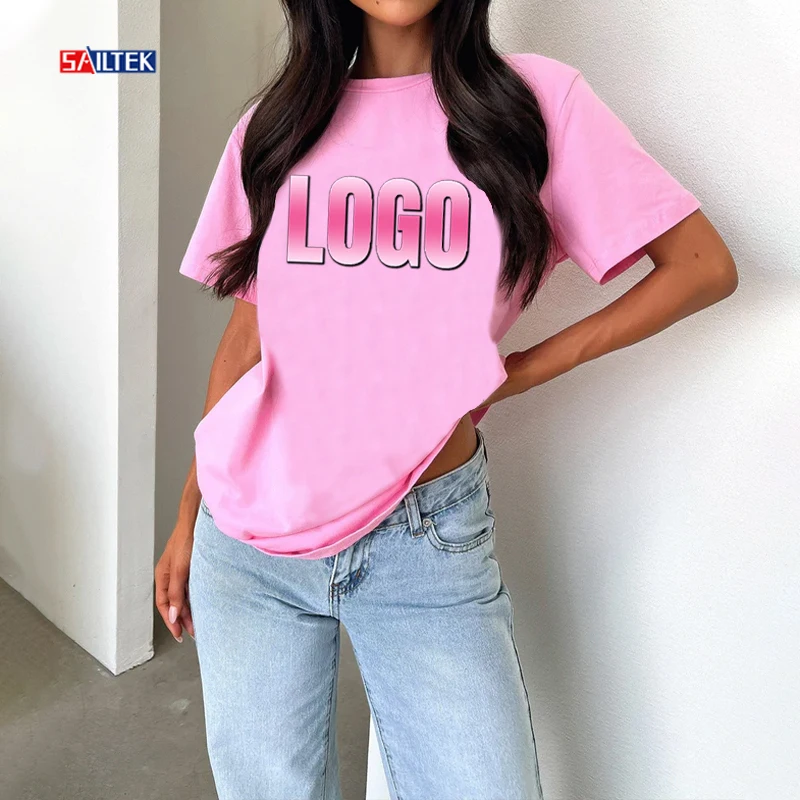 High Quality Pink Ladies Y2k Clothing T-shirt Customized Women Short Sleeve 100% Cotton Pink Shirts For Women
