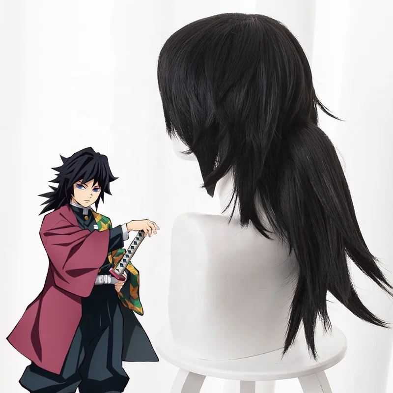 Wholesale 55cm Long Black Demon Slayer Tomioka Giyuu Wig Cosplay Synthetic Anime Hair Wigs With One Ponytail