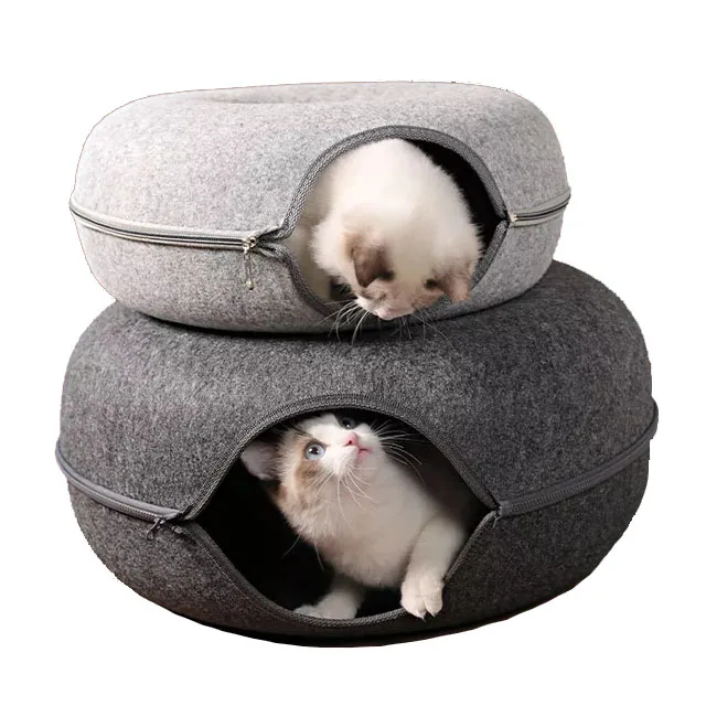 Hot selling wholesale manufacturer zipper playable and livable feline nest round wool felt pet beds pet cat tunnel cave