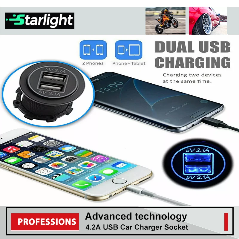 Fireproof Abs DC 12V 24V Car Charger Socket 4.2A Dual Usb Car Charger Adapter for Car Boat Marine Rv Motorcycle