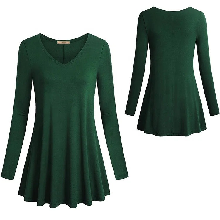 2021Hot Sale Swing Ladies V Neck Long Sleeve Loose Fit Casual Long Tunic Tops Spring Fall Knitted Blouses For women Wholesale f