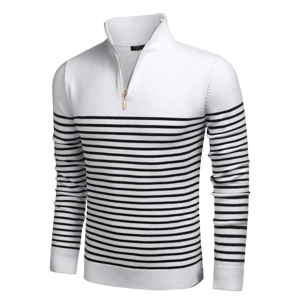 OEM Wholesale High Quality White Mens Turtleneck Pullover Stripe Sweaters 1/4 Zip Neck Golf Hoodie Quarter Zip Collar Pullover