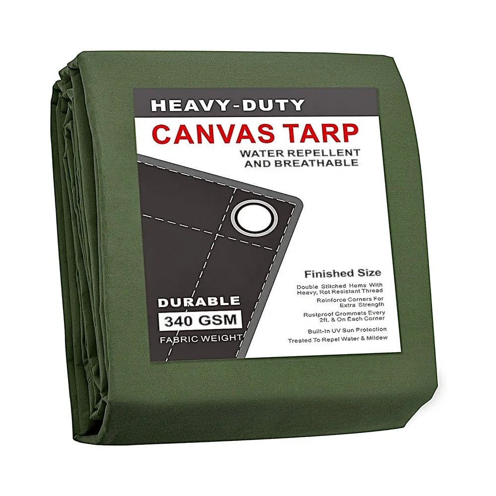 Green Canvas Tarp with Rustproof Grommets, 12 Oz 18 Oz Heavy Duty Multipurpose Tarpaulin Cover