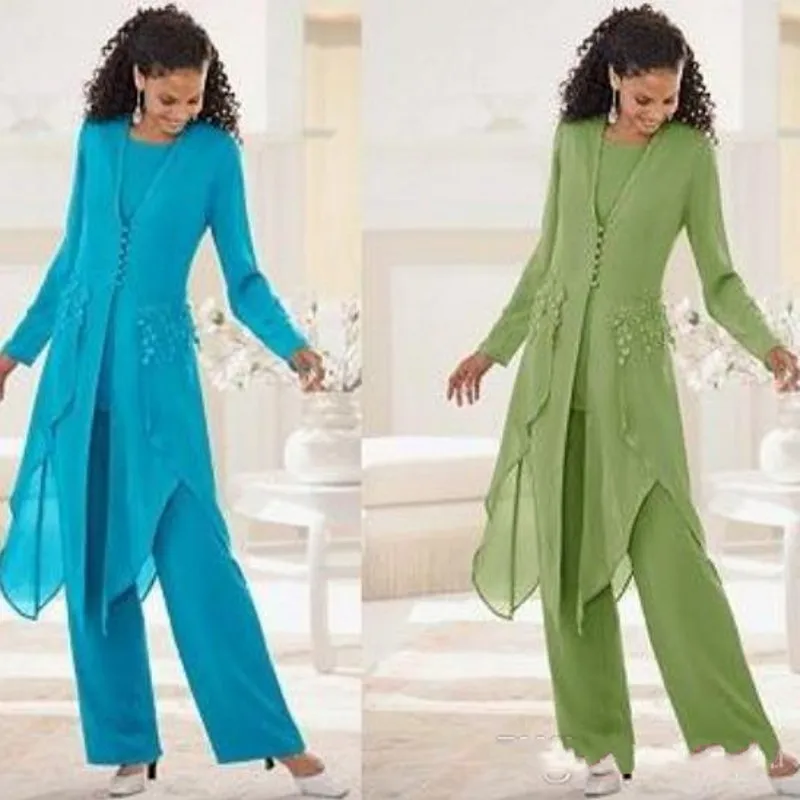 Ingots Elegant Plus Size Mother Of Bride Pant Suits Chiffon With Long Sleeves Jewel Neck Ruffles with JacketOther Ingots