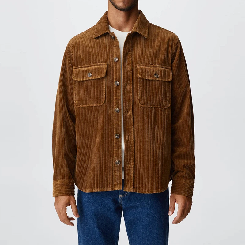 Oem Custom Logo Classic Turn Down Collar Brown Long Sleeve Fashion Regular Fit Mens Corduroy Solid Color Shirt