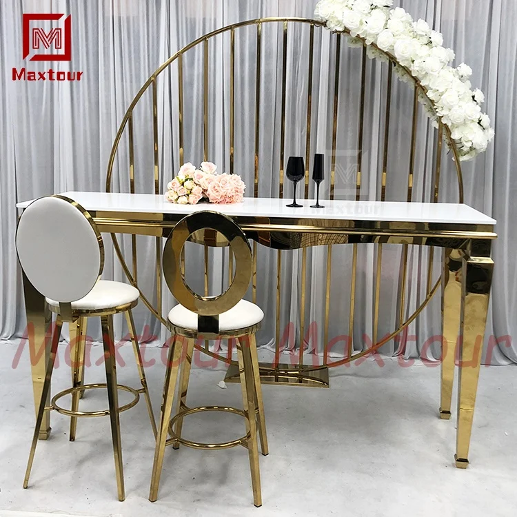 Luxury gold stainless steel and MDF top long high bar furniture table