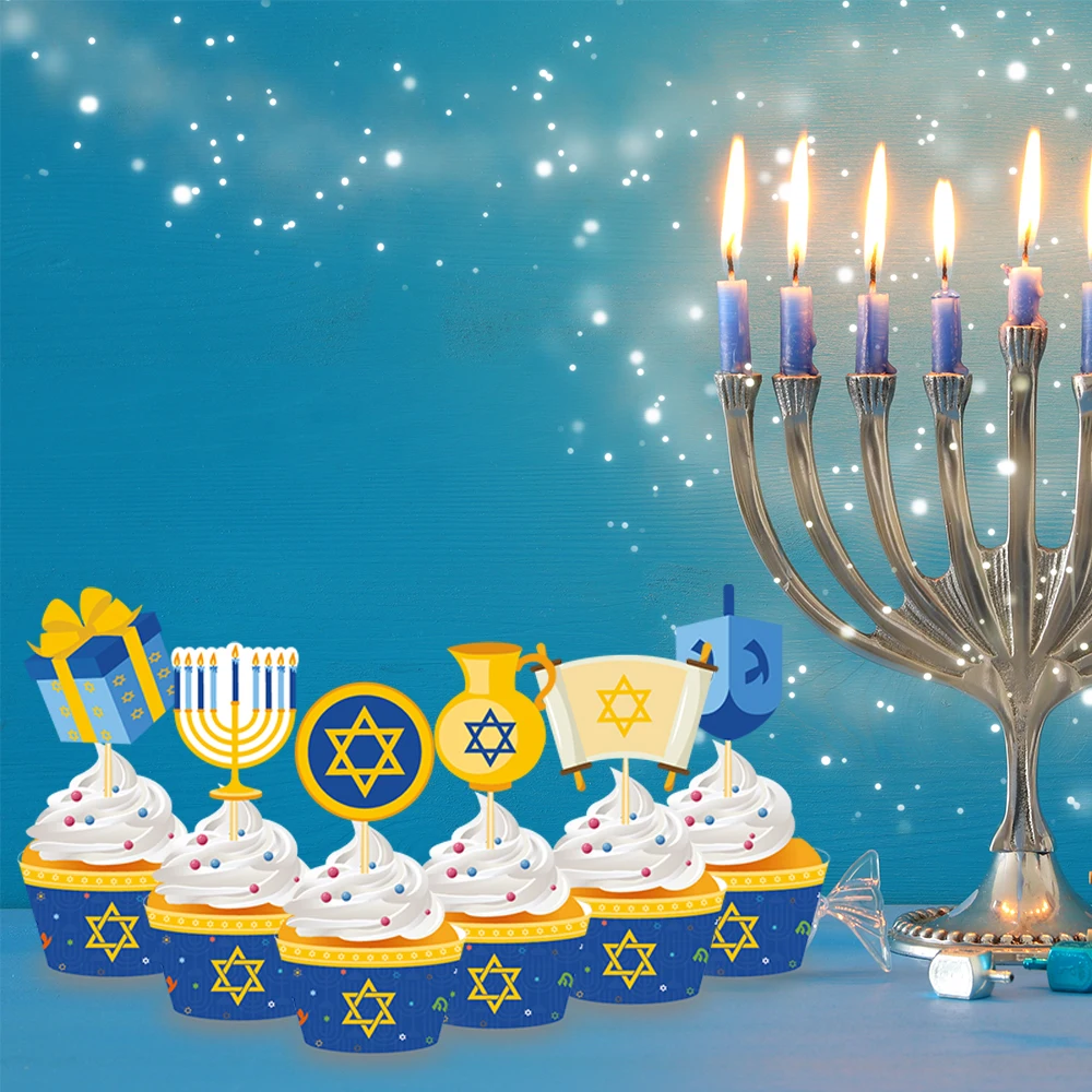 WB045 Hanukkah Theme Cupcake Toppers Wrappers 24 PCS Paper Cake Topper Kids Happy Hanukkah Decorations Party Supplies