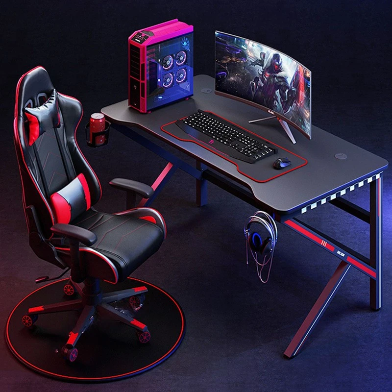 Multifunctional Home Black Office Gaming Computer Desk K Shaped Legs Gamer Table RGB Led Light White Gaming PC Table