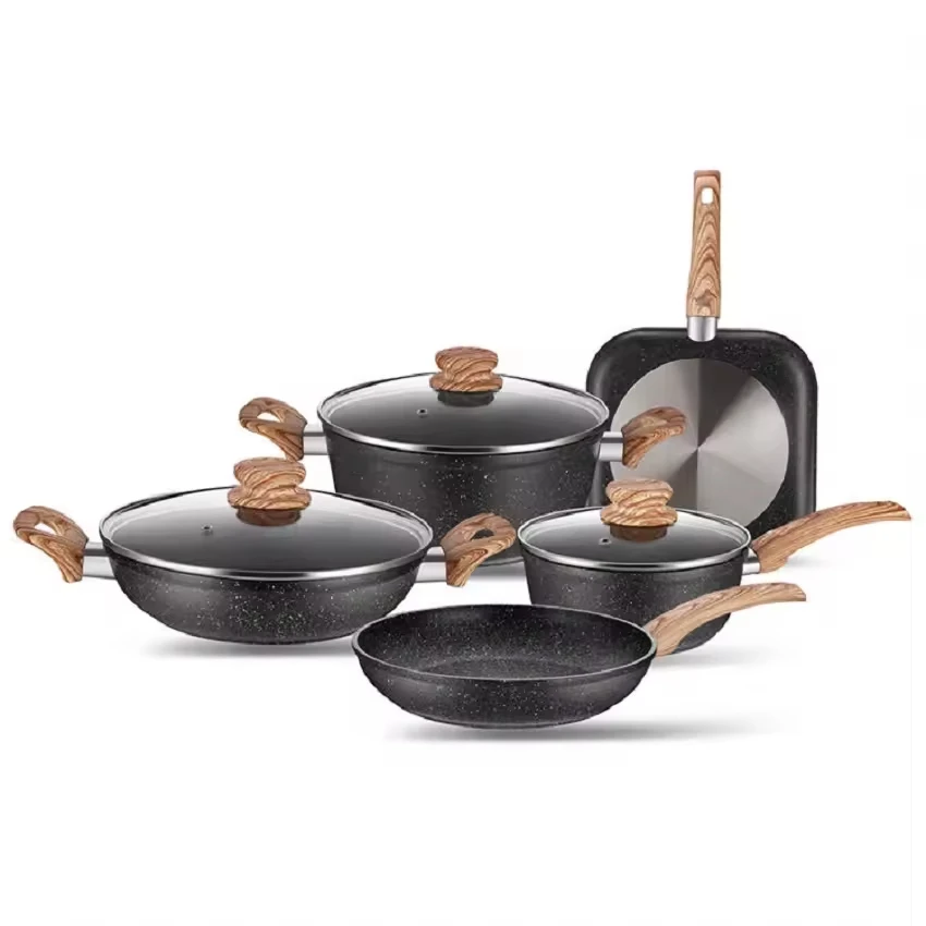 Hot Sale Heavy Home Cooking Marble Forged Aluminium Granite Pot Saucepan Nonstick Cookware Sets
