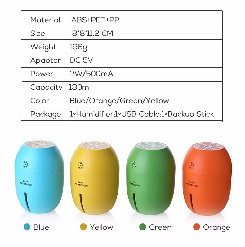 Creative Lemon Humidifier Mini USB Desktop Diffuser Air Humidifier Led Light Mist Maker For Home Office Car Gifts 4 Colors