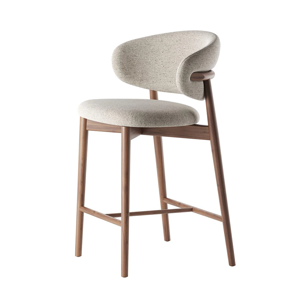 Nordic Style Bar Chair Modern Solid Ash Wood Frame White Linen Velvet Boucle Bar Stool for Kitchen Bar Counter