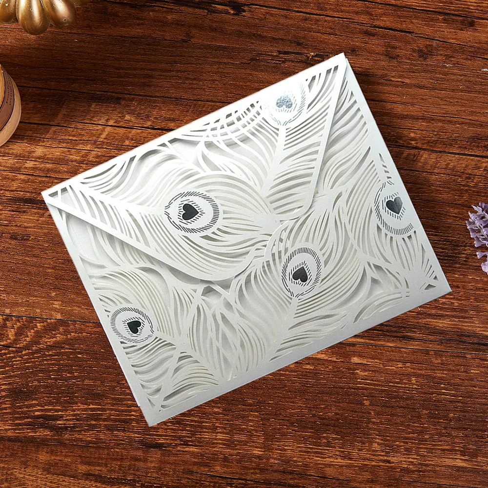 Custom Laser cut peacock feather design laser paper party supplies wedding invitations card with envelopes set