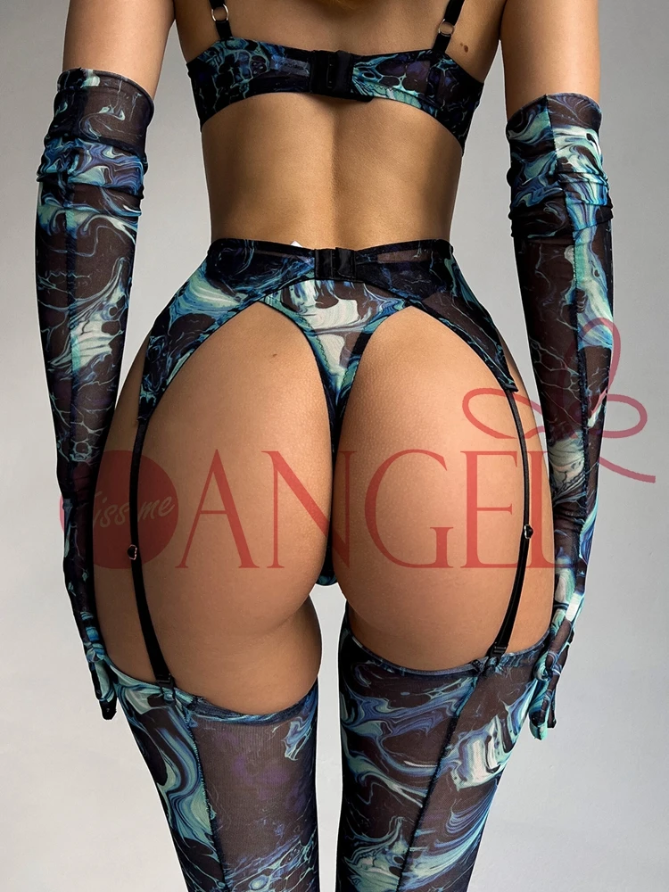KISS ME ANGEL the best fashion tie-dye mesh perspective deep V neck witn stockings and gloves sexy bra and panty set