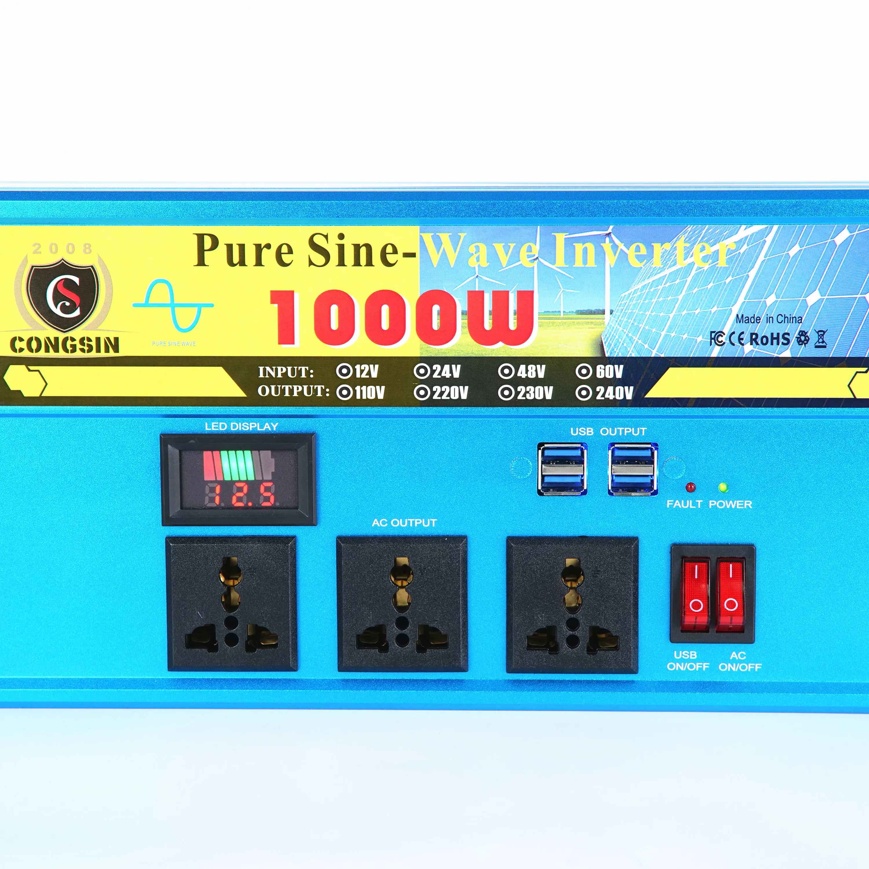 1000W Pure Sine Wave Inverter 12V 24V DC/AC 110V 220V Solar Inverter with 4 USB Ports 3 Sockets